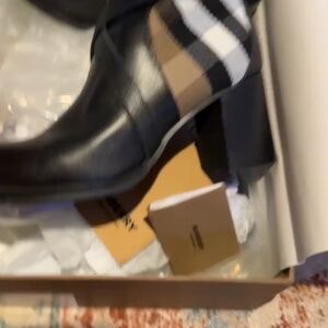 Burberry Black Leather Boots with Plaid Accent